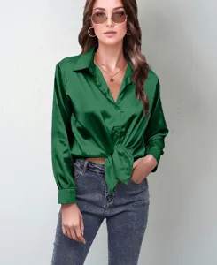 Women's dark green satin long sleeve blouse with front tie, elegant silk-like top for spring.