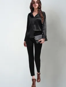 Elegant black satin long sleeve button down shirt for women, smooth faux silk classic top.