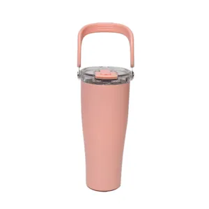 Detailed view of the pink stainless steel insulated tumbler with a clear lid and portable handle.