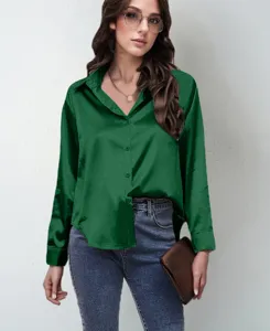 Detailed view showcasing the smooth texture and elegant fit of the green satin shirt.