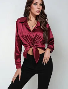 Satin long sleeve button down shirt women elegant solid color tied front blouse tops