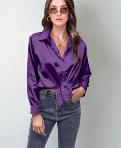 Purple satin long sleeve blouse detailed view, front tie design, elegant shirt texture.
