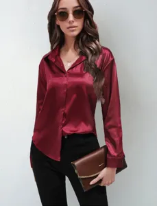 Women's satin long sleeve button down solid color blouse elegant lapel shirt top for daily wear