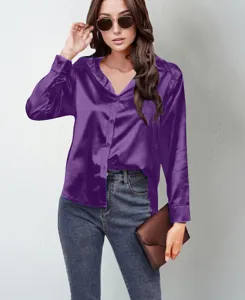 Satin long sleeve button down shirt for women solid color V neck casual top apparel detail view