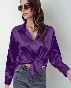 Silk-feel satin long sleeve button down shirt for women, elegant purple top with tie waist.