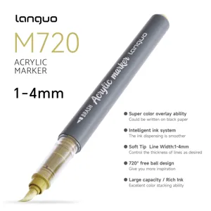 Acrylic marker detail showing grey body, soft tip 1-4mm, and large ink capacity design.