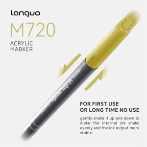 Close-up detail of acrylic marker pen showing barrel design and usage guide for art work.