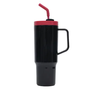 40oz Thermobecher mit Griff und Strohhalm, schwarzer Autobecher Reisebecher fuer Alltag.