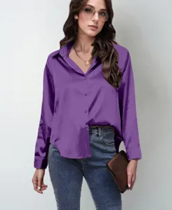 Purple satin long sleeve blouse for women, silky button down shirt top for daily wear.