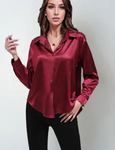 Elegant burgundy satin long sleeve blouse with lapel collar and buttons for women.