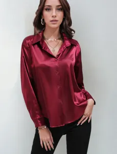 Satin long sleeve button down shirt in wine red, elegant lapel collar detail on model view.