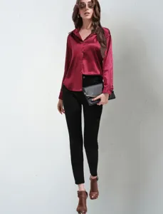 Elegant satin long sleeve blouse with lapel collar and buttons for women. Detail view.