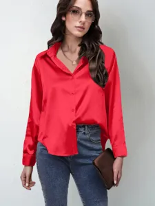 Women red satin long sleeve blouse chic button down shirt casual elegant office top apparel