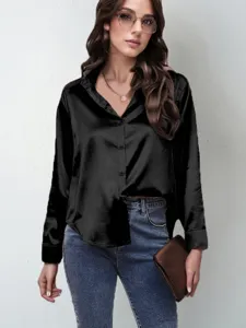 Women long sleeve satin blouse casual button down shirt elegant black silk top for spring