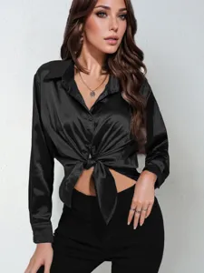 Women satin long sleeve blouse solid color elegant button front tie lapel shirt top fashion