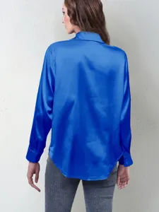 Women's royal blue satin long sleeve button up shirt casual office blouse top elegance.