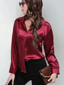 Women burgundy satin long sleeve blouse elegant button up silk feel top for daily wear