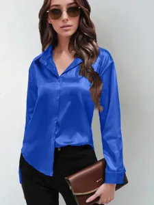 Women's royal blue satin long sleeve button up shirt elegant solid color lapel top