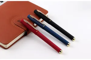 Professional frosted gel ink pens set in red blue and black with elegant golden clips.