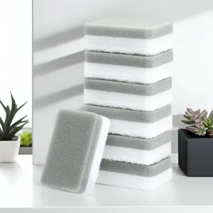 Dual-side kitchen cleaning sponge and scouring pad detail view for washing dishes.