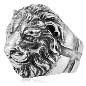 Detailed shot of retro stainless steel lion head men ring, punk biker rock style jewelry.