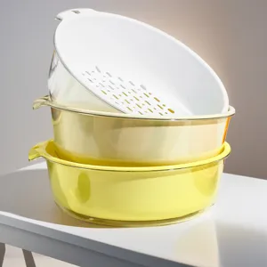 Double layer kitchen colander set, plastic washing basket for fruits and vegetables detail view.