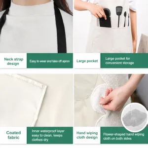 Kitchen apron detail showing waterproof polyester fabric, large pockets, and hand wiping cloth.