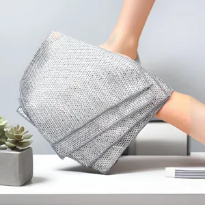 Detailed view of the silver wire dishwashing cloth showing double-sided mesh texture for cleaning.