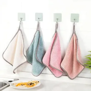 Hanging kitchen dish towels, ultra-absorbent coral fleece hand towels, 4-color set for daily use.