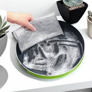 Thickened silver wire dishwashing cloth, double-sided mesh kitchen cleaning rag for pans.