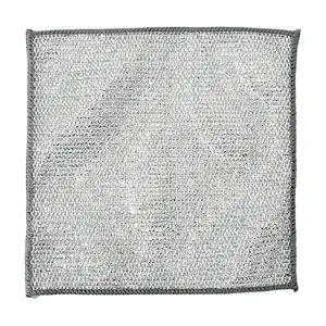 Closeup of the silver wire dishcloth showing textured mesh surface and durable gray stitched edge.