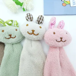 Coral fleece hanging hand towel, cute bunny design, super absorbent kitchen bathroom rag.