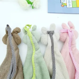 Cute rabbit shape hanging hand towel detail, soft coral fleece material, multi-color set.