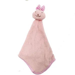 Cute pink rabbit hanging hand towel for kitchen and bathroom coral fleece absorbent