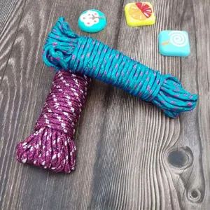 Close-up detail of durable nylon anti-slip clothesline rope in blue and purple colors.