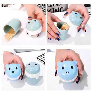 Cute plastic bear toothpick holder, portable round container for kitchen and home daily use.