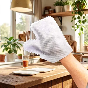Detail van wegwerp non-woven reinigingshandschoen met gestructureerd oppervlak en rand.