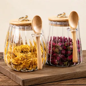 Transparent Glass Sugar Storage Jar Kitchen Sealed Container With Wooden Lid And Spoon Glass Food Organizer Canister