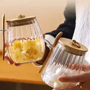 Glass sugar storage jar with wooden lid and spoon kitchen container for home organization