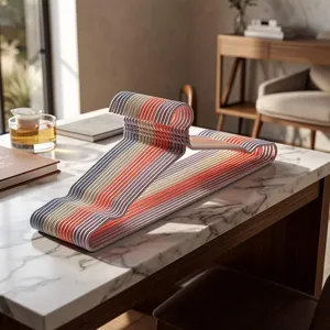 Gedetailleerd overzicht van gekleurde gecoate kledinghangers netjes op een marmeren tafel.