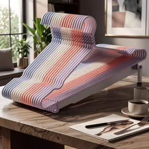 Set kunststof kledinghangers met antislip schouderhaken en handige opbergstandaard.