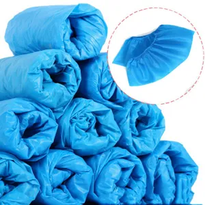 Copriscarpe monouso in plastica PE blu impermeabile, spesse antipolvere dettagli confezione.