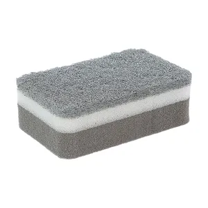 Detailed view of a multi-layer kitchen cleaning sponge with abrasive scrubbing pad for dishwashing.