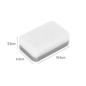 Detail view of double-sided cleaning sponge block with clear size dimensions for kitchen use.