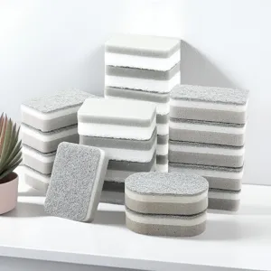 Double-sided kitchen cleaning sponge and scouring pad set for efficient dishwashing.