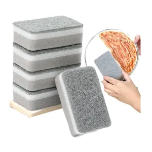 Double-sided cleaning sponge with scouring pad for kitchen dishwashing and pot scrubbing.