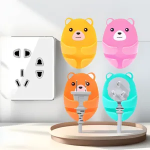 Cute cartoon bear plug hook punch-free wall mount socket organizer kitchen holder 4pcs