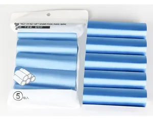 Blue vest-style disposable garbage bags, thick and durable plastic trash bags, 5 rolls pack.