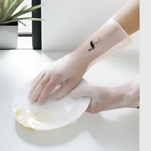 Close-up detail of translucent waterproof household cleaning gloves with flamingo print.