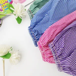 Long anti-fouling striped sleeve covers detail, stylish arm protection for kitchen and office.